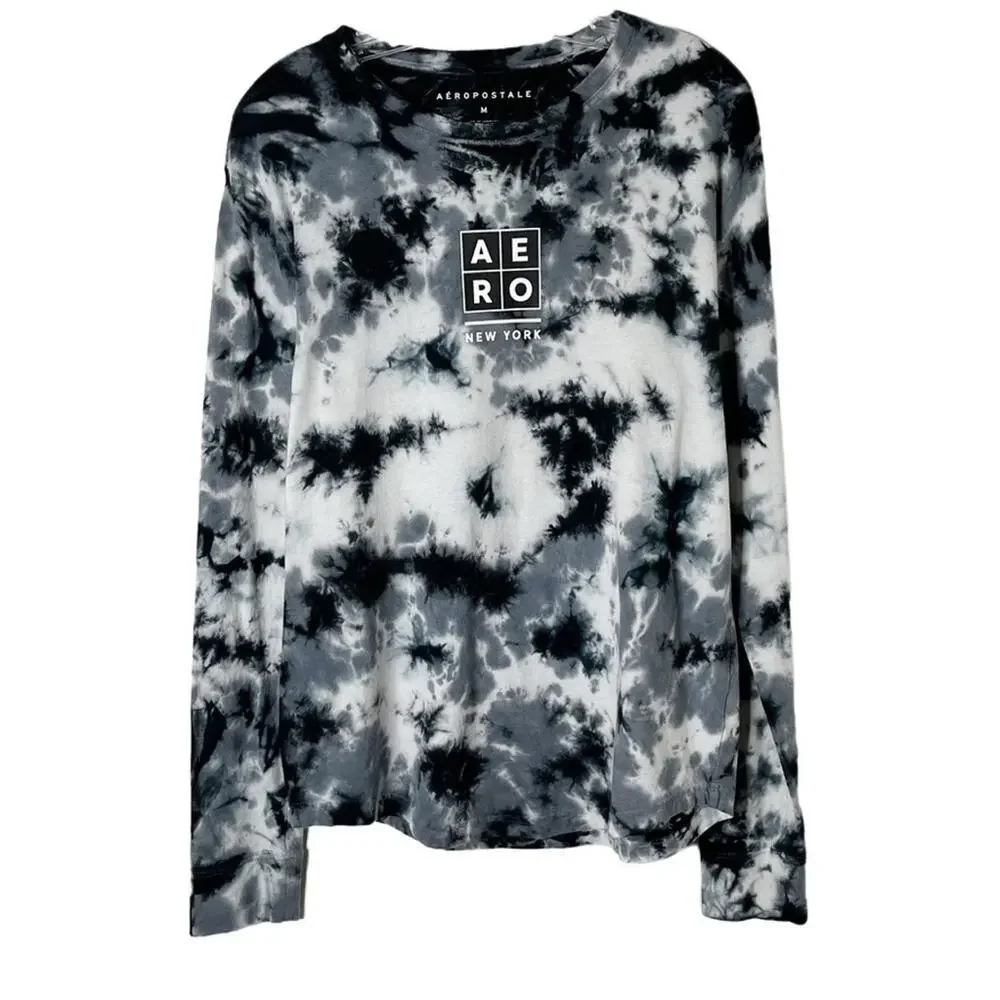 Aeropostale Men's Tie Dye T-Shirt M Black & Gray Long Sleeve Crew Neck Cotton - Picture 2 of 7